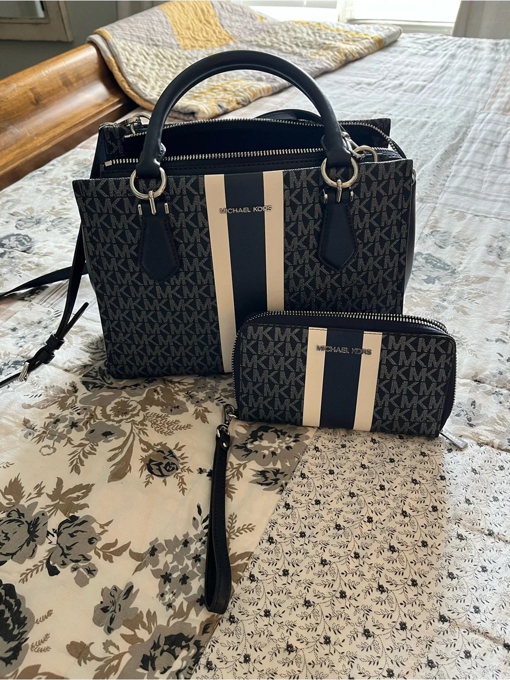 Michael Kors Navy Stripe Logo Purse and Wallet Set
